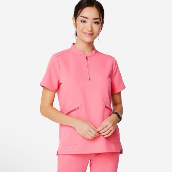 NWT Figs Limited Edition Nata Zip Henley Scrub Top Neon Pink XS - Picture 1 of 16